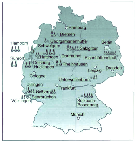 География расположения доменных печей в Германии, 1985 г.