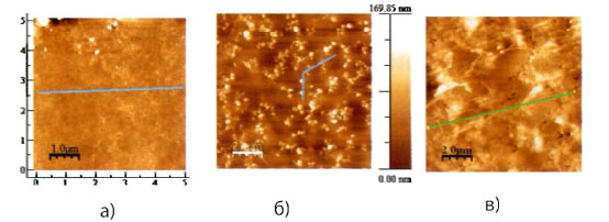 Рис. 2. Микрофотография покрытий на основе анодного связующего: а) модифицированное покрытие на основе эмали ATL-905 («FreiLacke»); б)+2%4ДВ; в) +2% СКФ-264В 